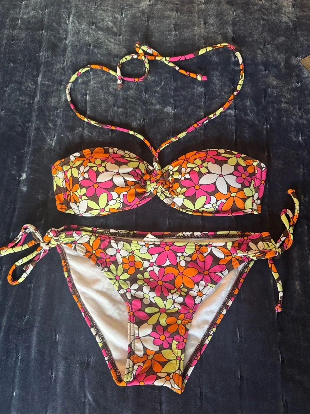 Floral Bandeau Bikini Set in Pink, Orange & Lime